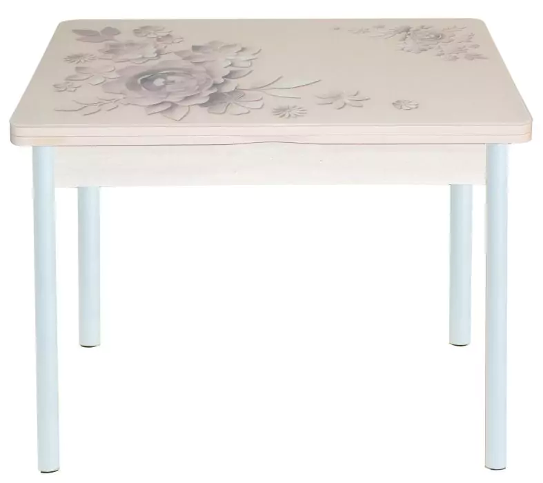 Стол обеденный поворотно-раскладной с фотопечатью Симпл Кофейные цветы/Белый муар
