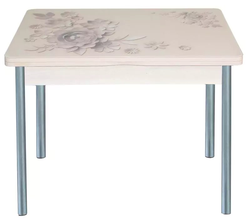 Стол обеденный поворотно-раскладной с фотопечатью Симпл Кофейные цветы/Серебристый металлик