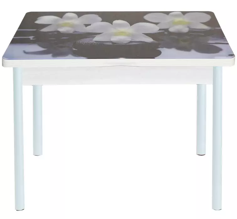 Стол обеденный поворотно-раскладной с фотопечатью Симпл Орхидея на черных камнях/Белый муар
