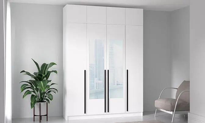 Шкаф распашной Бастион 4-дверный 2.0 м, 2 М зеркала, с антресолью, белый древесный